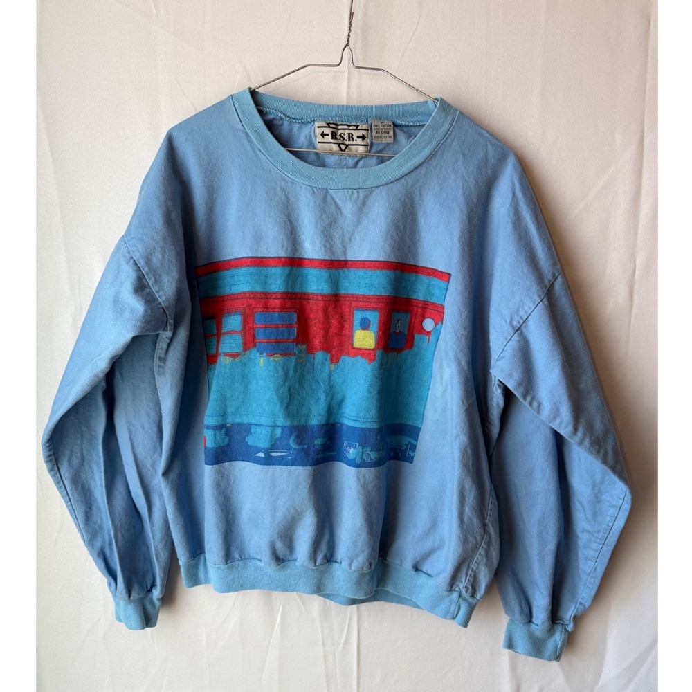 B.S.R. rare vintage train sweatshirt USA graphic blue retro crewneck boxy‎ M